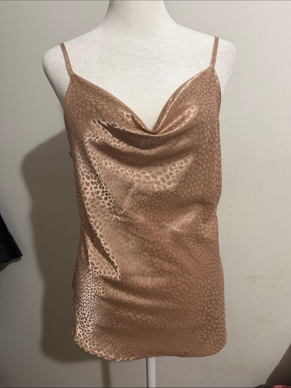LA MIEL Satin Cowl Neck Leopard Print Cami in Light Brown